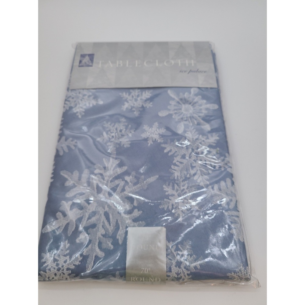 Bed Bath & Beyond "Ice Palace" Tablecloth Festive Blue, White snowflakes.  70" R